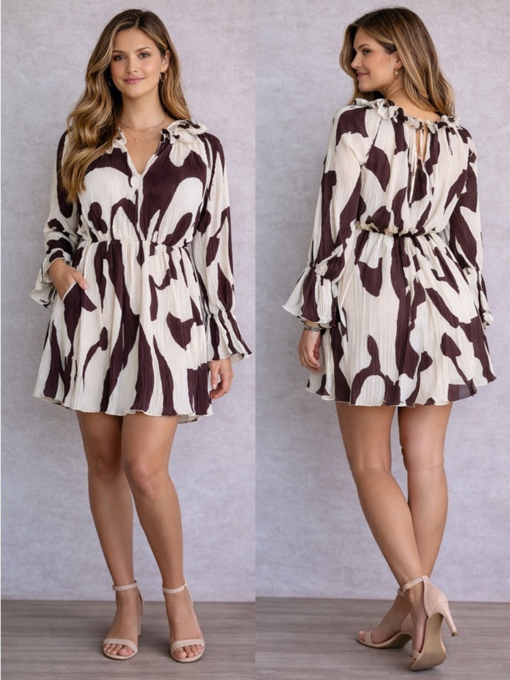 SHEIN Babydoll Brown Cow Print Long Sleeve Mini Romper Relaxed & Comfortable Fit